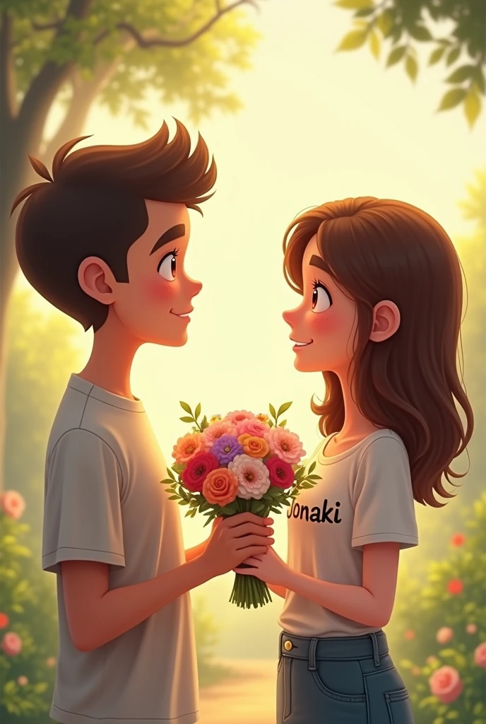 A girl giving pink tulips to a boy ,they should be teenagers 
Make the boy a bit shy , create a cute picture with the girl wearing red dress and the boy wearing red t-shirt ,which looks animated and realistic too