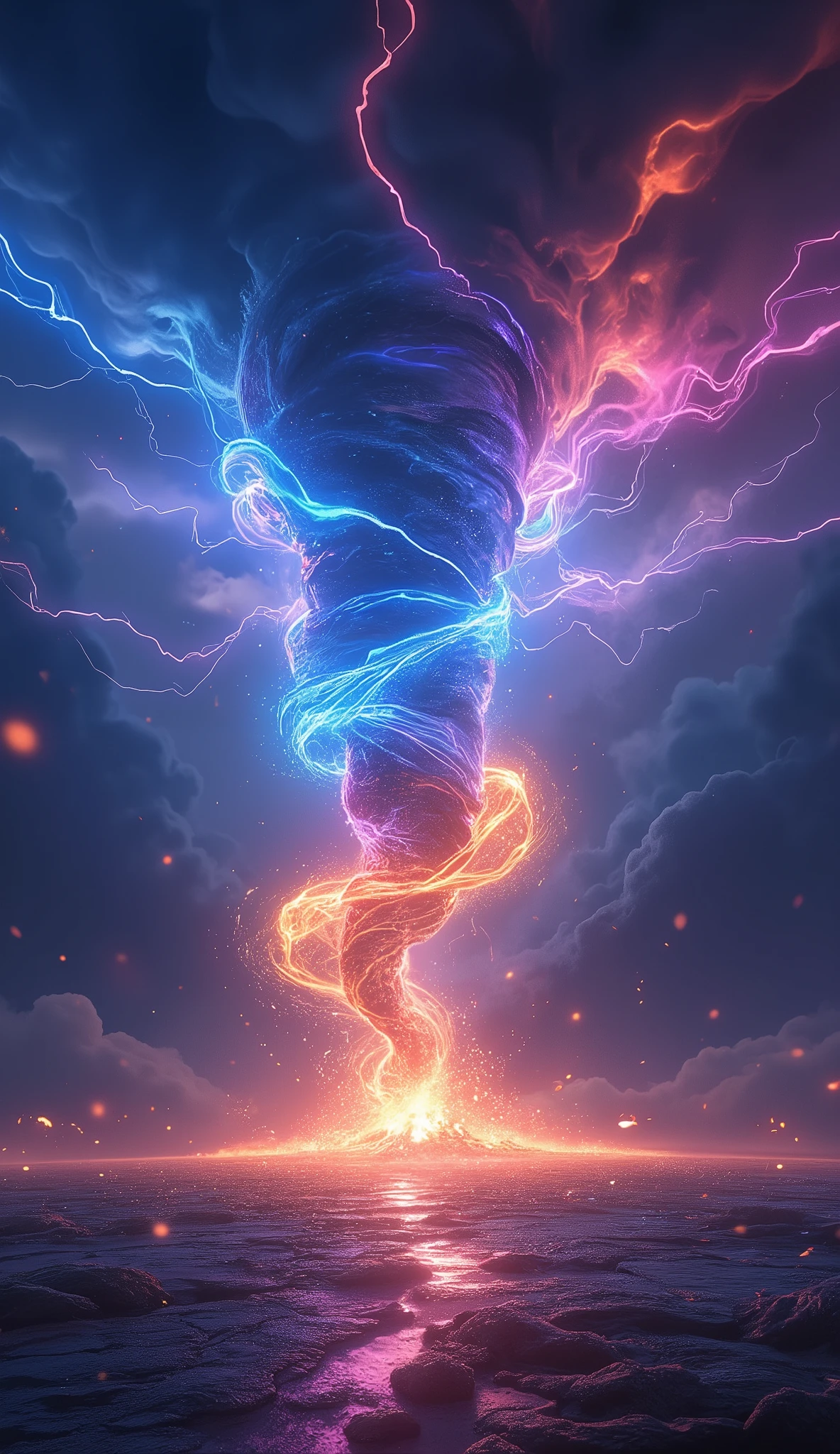 A fantastical tornado storm swirling with vibrant, surreal energy. The tornado is massive and dynamic, with its vortex glowing in vivid shades of electric blue, fiery orange, and neon purple. Bolts of lightning arc around the tornado, crackling with power, while glowing particles and ethereal mist swirl in the air. The storm clouds above are dramatic, with intense textures and vibrant hues of crimson and black, illuminated by flashes of otherworldly light. The ground below is cracked and glowing faintly, as if the storm's energy is seeping into the earth. The overall atmosphere is chaotic yet mesmerizing, with a sense of powerful, unrestrained magic and fantasy,

