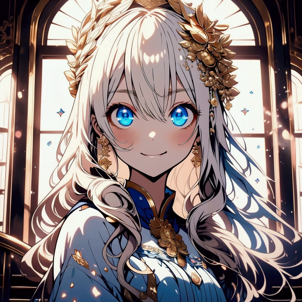 （（ best quality） comical anime style with decorations、luxury） girl、Blonde、Young lady、（luxuryな） stairs、morning、 light shines in through a window、Blue Eyes、、 face、（Descending the decorated ）（like） dress、beautiful、's full body、smile