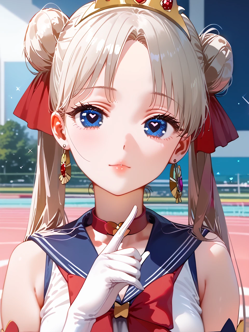          best quality,          best quality,       High Quality Pictures         ,       Masterpiece   ,           super high resolution   ,          detailed background ,          absurd,        I can have my chest touched by Perfect Anatomy     ,          performance   ,   good lighting  ,     Photo Gallery      ,      、aausagi, long hair, double bun, twintails, parted bangs, tiara, earrings, blue eyes, red choker, blue sailor collar, red bow, white shirt, elbow gloves, white gloves, blue skirt汗ばんだ体、Moving lines、   orgasms、Estrus season、  super huge big boobs 、  double piece、 Heart Eyes、