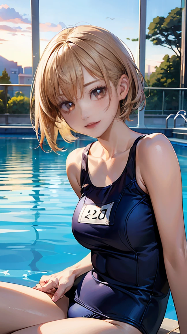 (NSFW:1.1), masterpiece, Highest quality, Ultra-high resolution, Highest Resolution, Very detailed, cowboy shot, very cute, Complete limbs, Shining Eyes, Full Finger, Slender beauty, Blonde Bun Hair, Embarrassed look, Writhing expression, school swimsuit, Glowing Skin, pool, Bubble, Wind