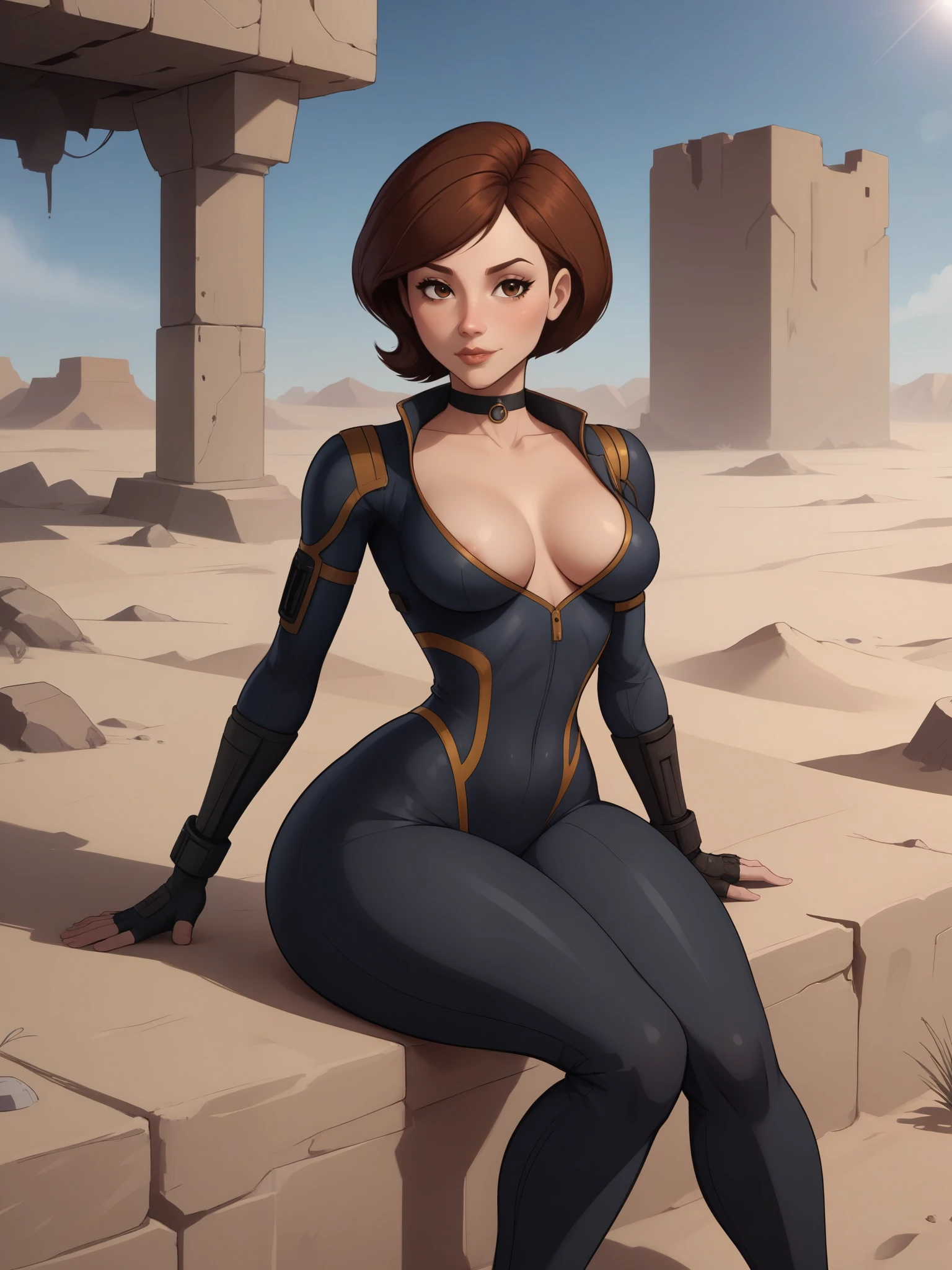 Helen Parr. choker. small waist. small saggy breasts. huge hips. brown hair. brown eyes. fallout suit. desert. ruins. sitting