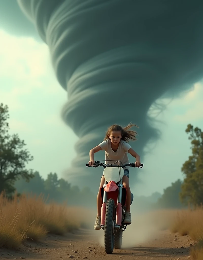  photo release , young girl with developing hair in shorts ,  t-shirt and sneakers rushes at us on a motorcycle ( motocross dirt bike ,and looks back , a huge terrifying wild mystical hurricane tornado is approaching her behind her, scary whirlwind funnel plucking trees raising rocks , A girl on a motocross bike at high speed tries to drive off cross-country sweat togrando that is stalking her, close angle  , art,  1 scary huge tornado , atmosphere of fear and horror , photorealism , maximum detail , maximally realistic tornadoRips and twists trees , close angle  на девушку на мотоцикле,