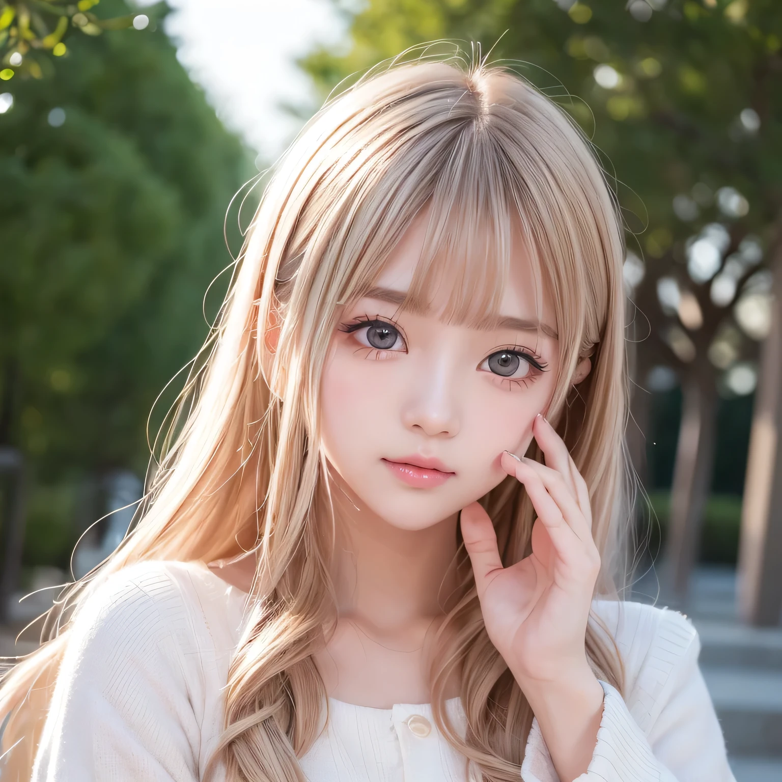 Sunburn marks on tanned skin、blush、smile、Multicolored hair color、Bangs on the face、Bangs between the eyes、Super long hair、Attractive light and dark platinum blonde super long straight silky liner hair、Beautiful bright transparent light blue big eyes that are charming and shining、A cute 15-year-old girl with a cute look, A strong wind blows my hair in front of my face、Beautiful big sparkling eyes, Cute eyes hidden by long bangs、Yawn、No visible nasolabial folds、A short, light-colored miniskirt、A cute and colorful summer shirt、Korean Beauty、Dark blush on the cheeks