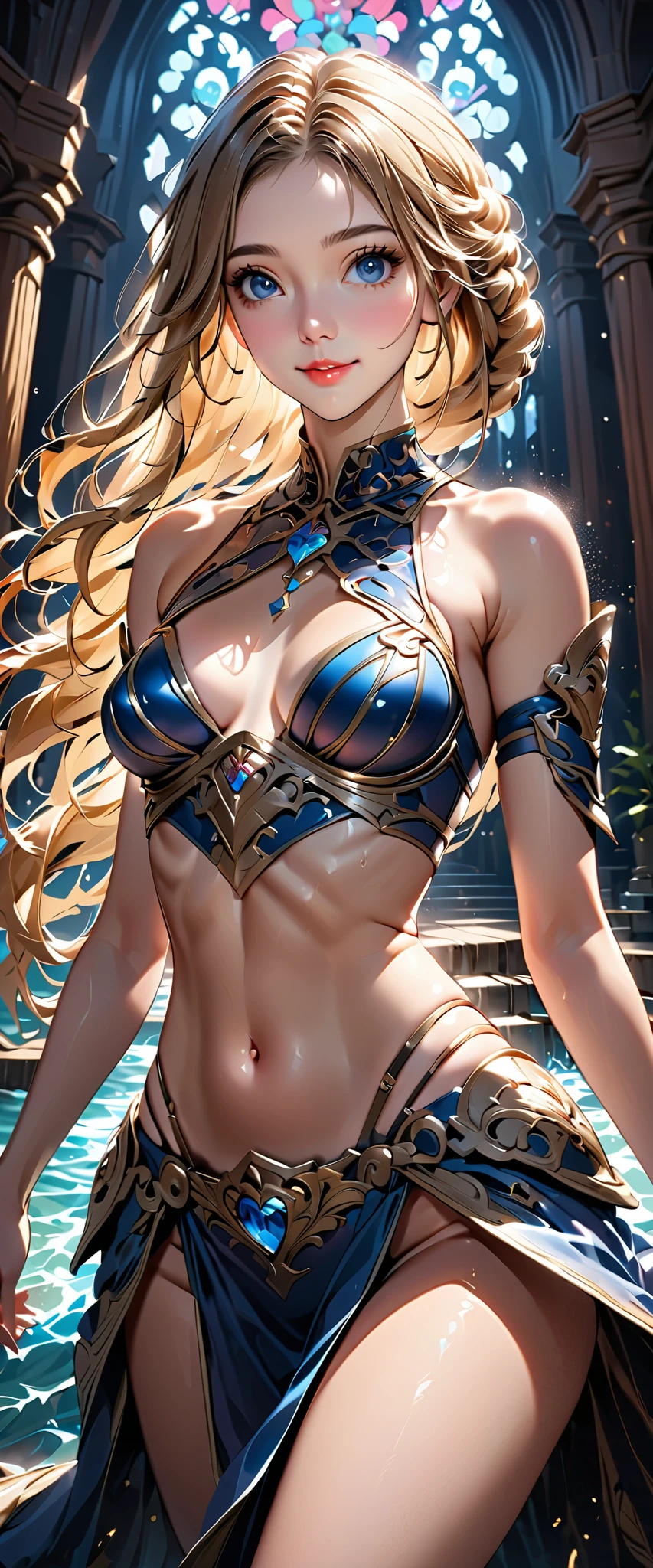 (())(( small tits))( for a woman with bristles:1.2,  very detailed, up to date,  vibrant ,  super high resolution,  High Contrast , masterpiece:1.2,  for a woman with bristles,  best aesthetics),  fantasy standing in a church,  sexy,Exposing bikini armor with dark blue and gold glitter, skinny,  beautiful thighs are visible , Best Body Line,  beautiful detailed eyes, A professional and confident smile,  detailed facial features ,  elegant hairstyle, Bonds of Love, Adorable,Wet with water,