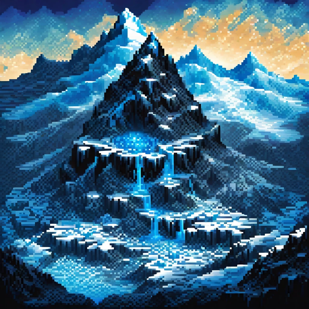 Black and metallic blue pixel art, gradients, and a kingdom of ice, bold and dynamic, contrasts of light and shadow, 2.5D, artistic images art, ultra detailed, absolutely resolution, masterpiece