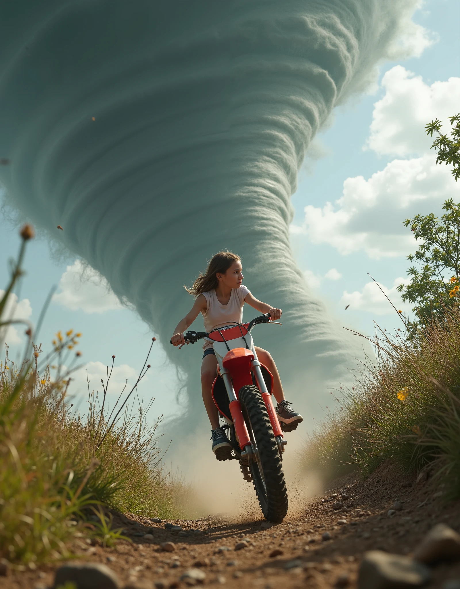  photo release , young girl with developing hair in shorts ,  t-shirt and sneakers rushes at us on a motorcycle ( motocross dirt bike ,and looks back , a huge terrifying wild mystical hurricane tornado is approaching her behind her, scary whirlwind funnel plucking trees raising rocks , A girl on a motocross bike at high speed tries to drive off cross-country sweat togrando that is stalking her, close angle  , art,  1 scary huge tornado , atmosphere of fear and horror , photorealism , maximum detail , maximally realistic tornadoRips and twists trees , close angle  на девушку на мотоцикле,