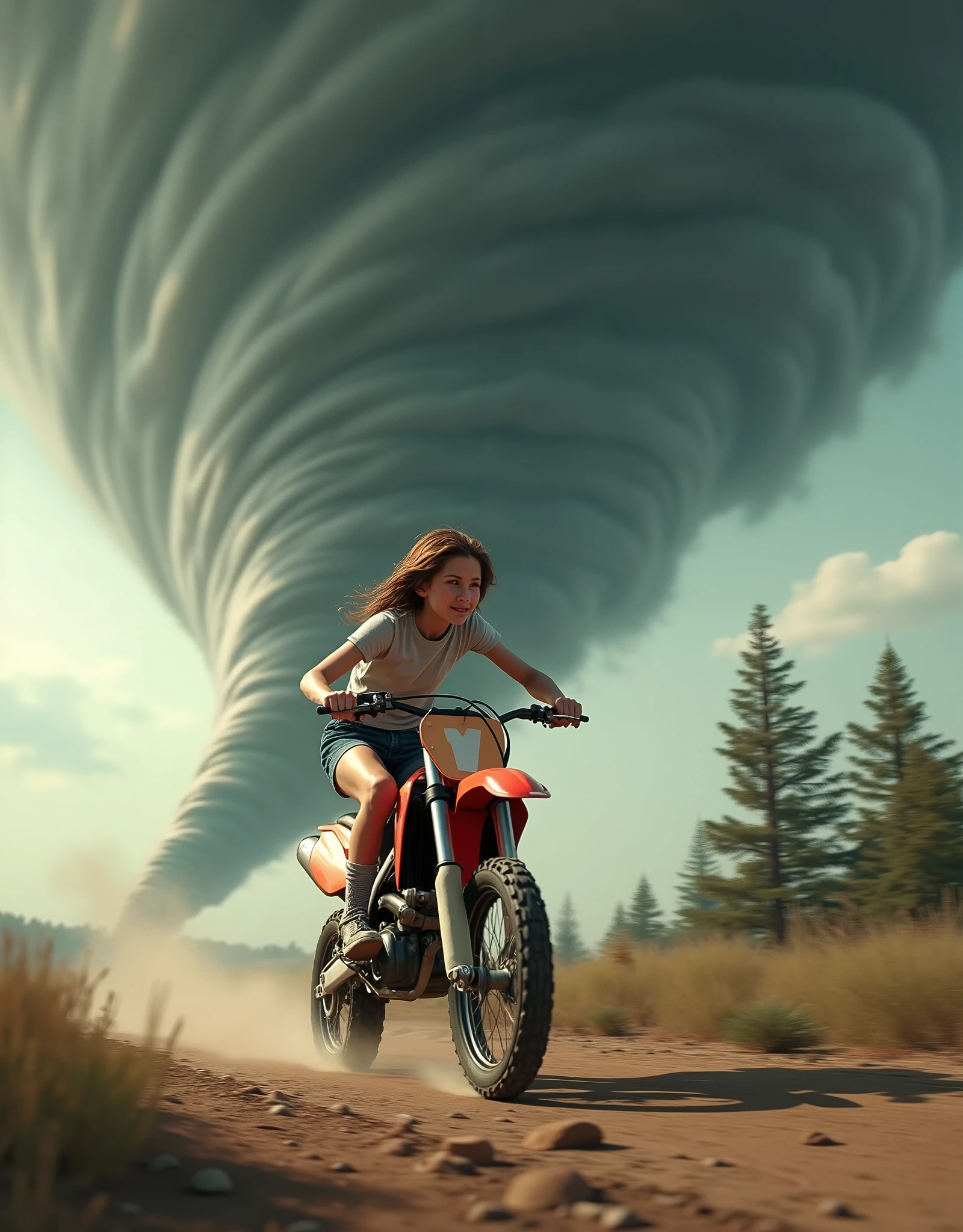  photo release , young girl with developing hair in shorts ,  t-shirt and sneakers rushes at us on a motorcycle ( motocross dirt bike ,and looks back , a huge terrifying wild mystical hurricane tornado is approaching her behind her, scary whirlwind funnel plucking trees raising rocks , A girl on a motocross bike at high speed tries to drive off cross-country sweat togrando that is stalking her, close angle  , art,  1 scary huge tornado , atmosphere of fear and horror , photorealism , maximum detail , maximally realistic tornadoRips and twists trees , close angle  на девушку на мотоцикле,