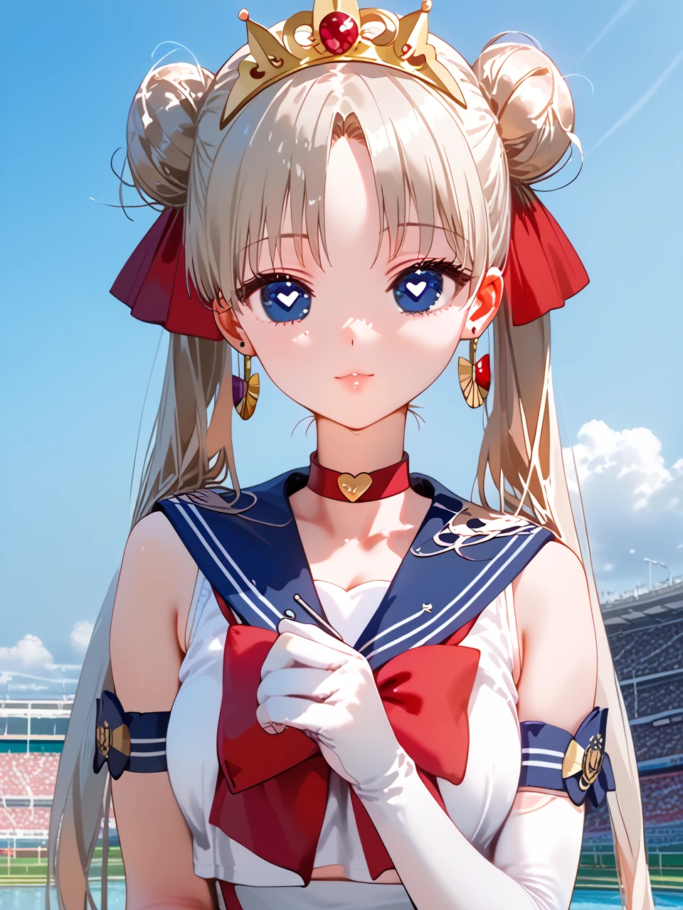          best quality,          best quality,       High Quality Pictures         ,       Masterpiece   ,           super high resolution   ,          detailed background ,          absurd,        I can have my chest touched by Perfect Anatomy     ,          performance   ,   good lighting  ,     Photo Gallery      ,      、aausagi, long hair, double bun, twintails, parted bangs, tiara, earrings, blue eyes, red choker, blue sailor collar, red bow, white shirt, elbow gloves, white gloves, blue skirt汗ばんだ体、Moving lines、   orgasms、Estrus season、  super huge boobs、  double piece、 Heart Eyes、