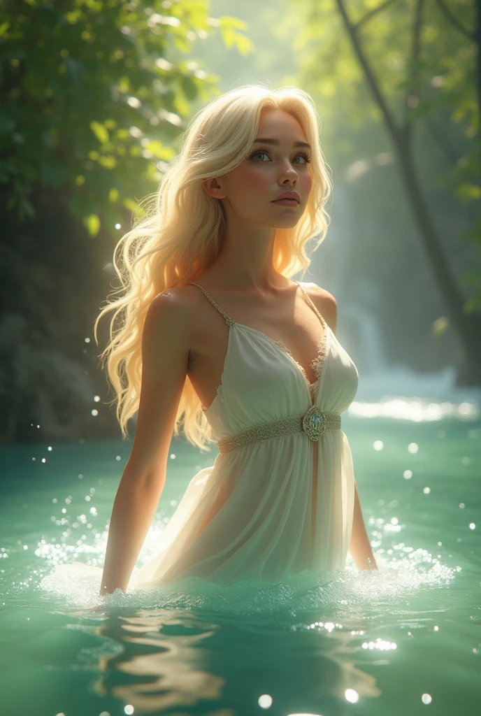 Blonde angel masturbating in the forest lake at night in rainy day