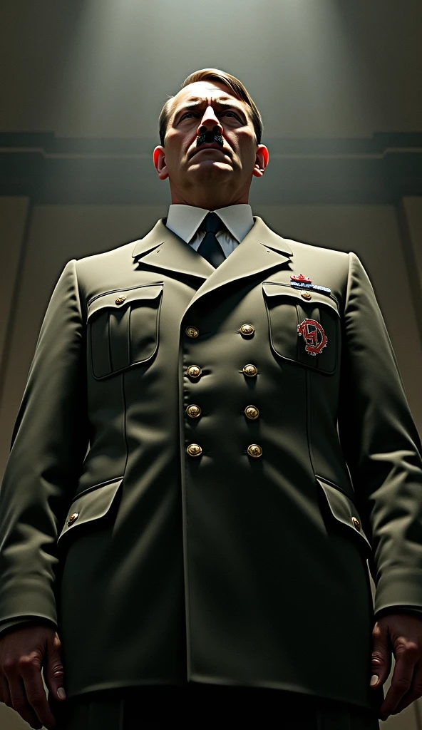 Colonel Sanders as a dictator. Red and White KFC flags in the background and all around. Dystopian image, soldiers standing at attention listening, war planes flying overhead