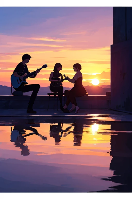 couple,  man playing the guitar, singing, woman sitting listening to ,  Light smile, sunset, Beautiful environment,  High resolution,  tall details,  anatomy, live wallpaper, Color Ghibli, soft colors, minimalist 