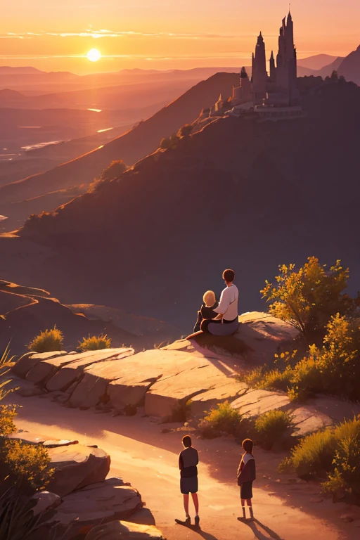 couple,  man playing the guitar, singing, woman sitting listening to ,  Light smile, sunset, Beautiful environment,  High resolution,  tall details,  anatomy, live wallpaper, Color Ghibli, soft colors, minimalist 