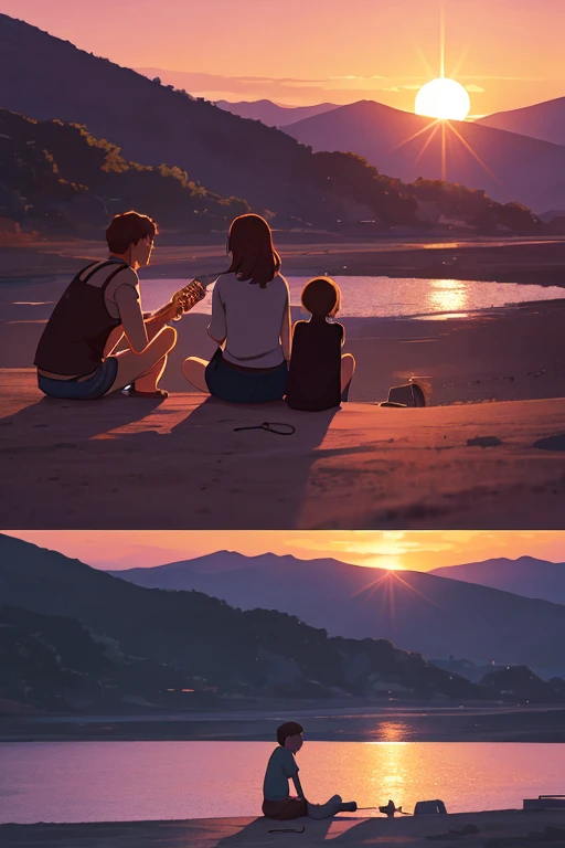 couple,  man playing the guitar, singing, woman sitting listening to ,  Light smile, sunset, Beautiful environment,  High resolution,  tall details,  anatomy, live wallpaper, Color Ghibli, soft colors, minimalist 