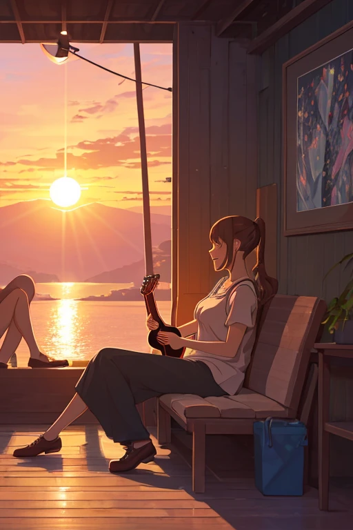 couple,  man playing the guitar, singing, woman sitting listening to ,  Light smile, sunset, Beautiful environment,  High resolution,  tall details,  anatomy, live wallpaper, Color Ghibli, soft colors, minimalist 