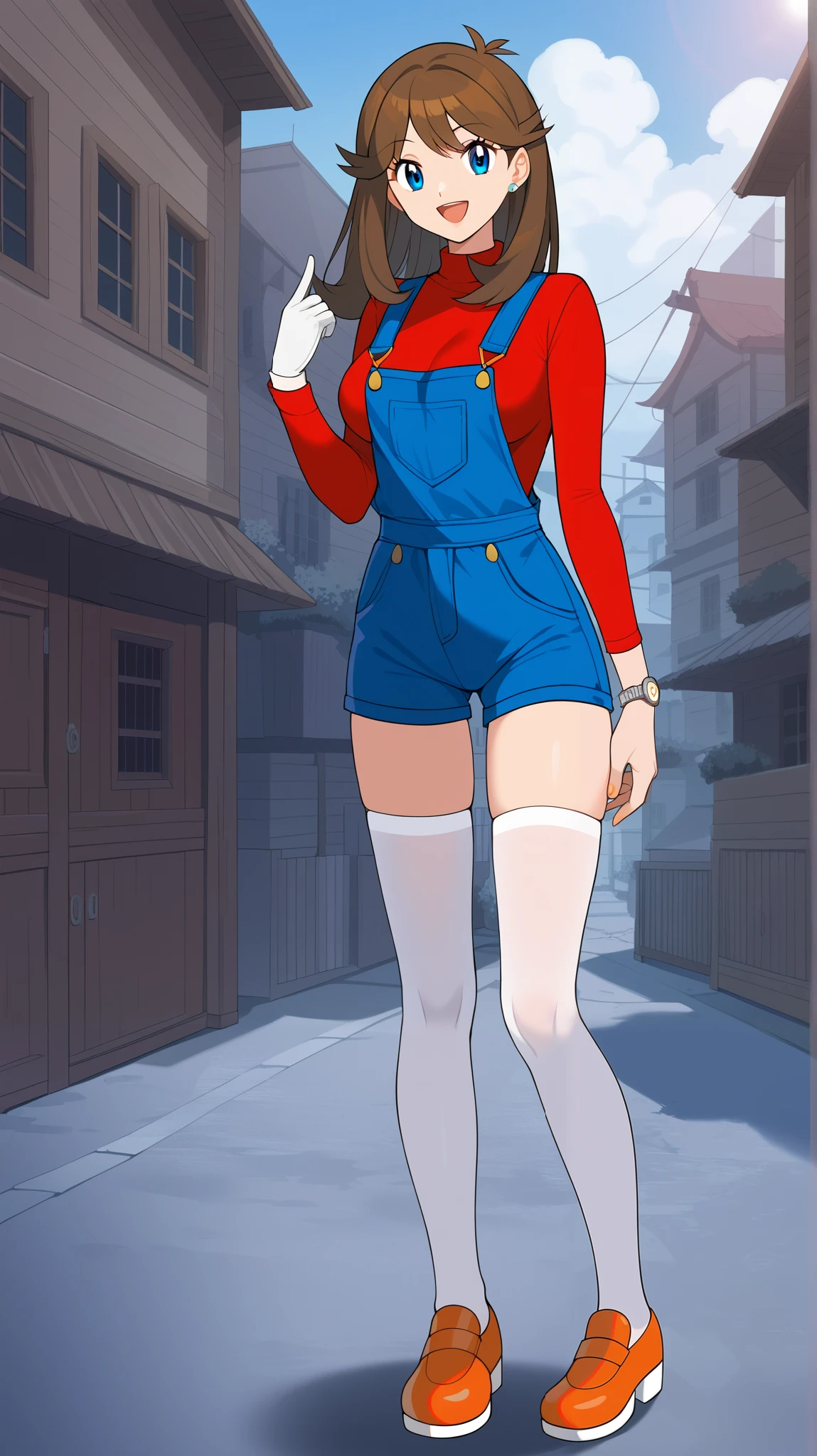bare hands, no gloves ,Orange brown hair,  long hair,  blue eyes, red long sleeve shirt , blue shorts overalls, white knee-high stockings reflective on glass floors,  absolute domain, Ample breasts,  Tall,  watch viewers, 1 Female, Age 18,  standing, Three idiot hairs , whole body,  put one hand on the lower back ,  slim figure,  provocative smile , Orange shoes,  with bangs,  score_9,  score_8_Excellent,  score_7_Excellent,  score_6_Excellent,  best quality,  source_Anime,  cell shading ,  Flat Color , vector,  detailed background, town, building,  break 1 girl , Alone, (\ Pokemon\), Outdoor,