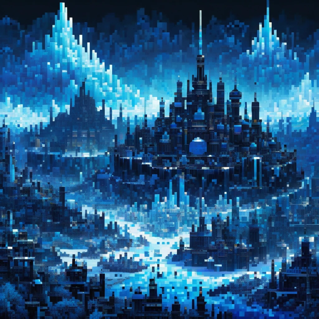 Black and metallic blue pixel art, gradients, and a kingdom of ice, bold and dynamic, contrasts of light and shadow, 2.5D, artistic images art, ultra detailed, absolutely resolution, masterpiece