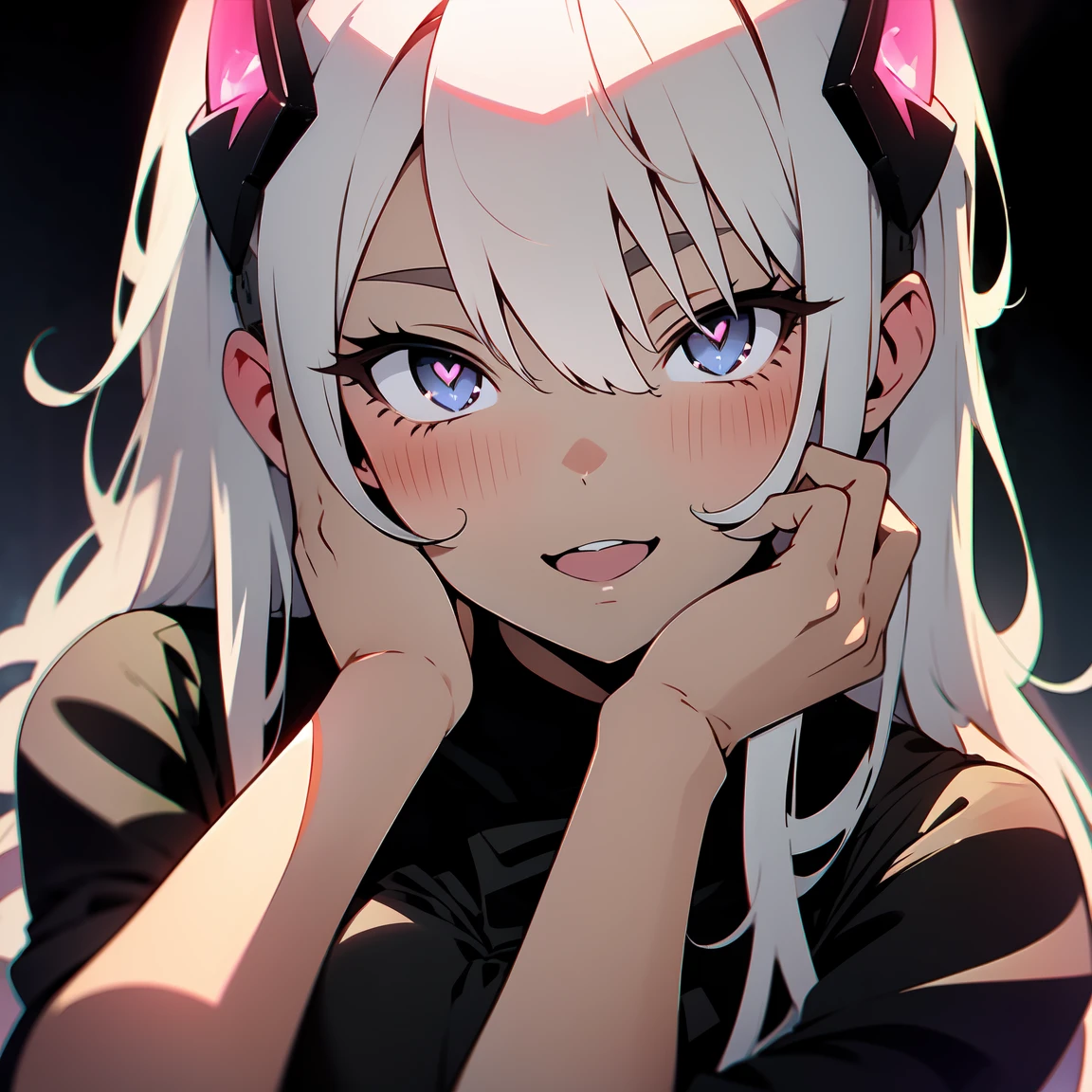 Meina,1girl, hands on own face,(((yandere, yandere trance))),heart-shaped pupils,fingernails,(white hair,black eyes),(blush:1.1),black choker,heart,medium breasts, (heavy breathing:1.1), heart, black dress, headgear, portrait, looking at viewer, manga cover, (smile), open mouth, ((shaded face)), head tilt Cabello corto, 