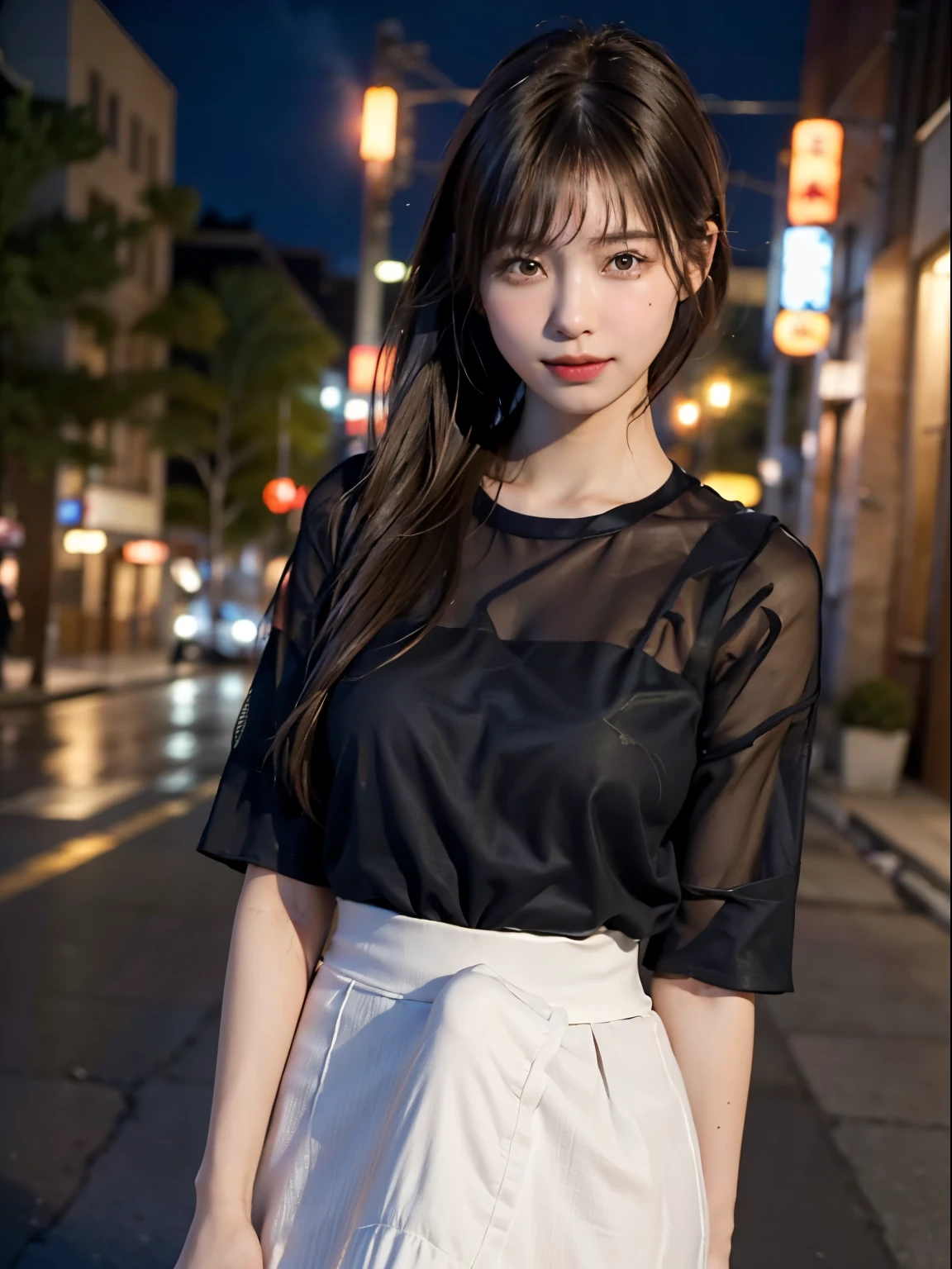  one girl,(employment.repair:1.4)、( loose blouse :1.4),( Long Skirt :1.3)、( RAW photo,  best quality), ( realistic ,  photorealistic:1.4), ( hair is messy,  asymmetrical bang,   I have a lot of dark brown hair, ponytail :1.3),smile、   so delicate and beautiful , 非常に Detailsな, 8k wallpaper,  Stunning ,  Details, 非常に DetailsななCG Unity,  high definition , Soft light,  19 year old girl beautifully illustrated in every detail, 非常に Detailsな目と顔, 美しい Detailsな鼻, Beautiful fine details, movie lighting, City lights at night,  perfect anatomy  , slender body , Erection under clothes