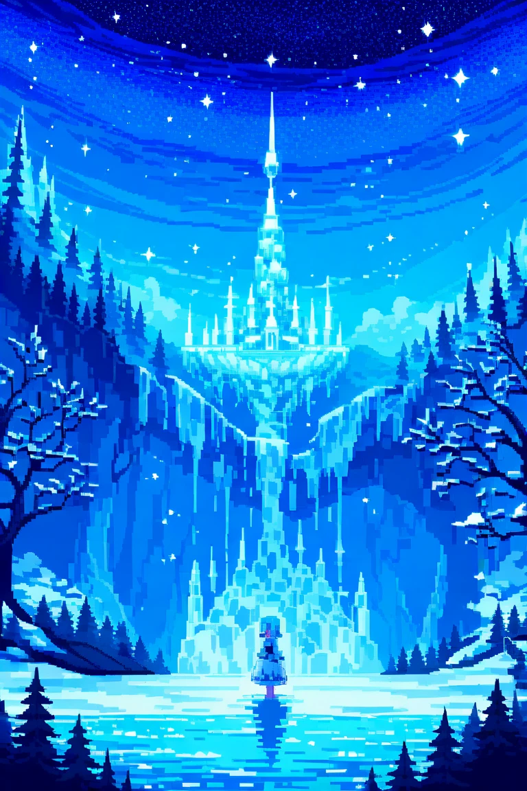 (Pixel art style:1.2),A pixel art depiction of an ice kingdom,featuring towering ice castles,shimmering icicles,and a snowy landscape.Include whimsical characters made of ice and snow,glowing blue and white hues,and a starry night sky filled with auroras.,pixel art,fantasy,magical atmosphere.The artwork,masutepiece,Pixel Perfect