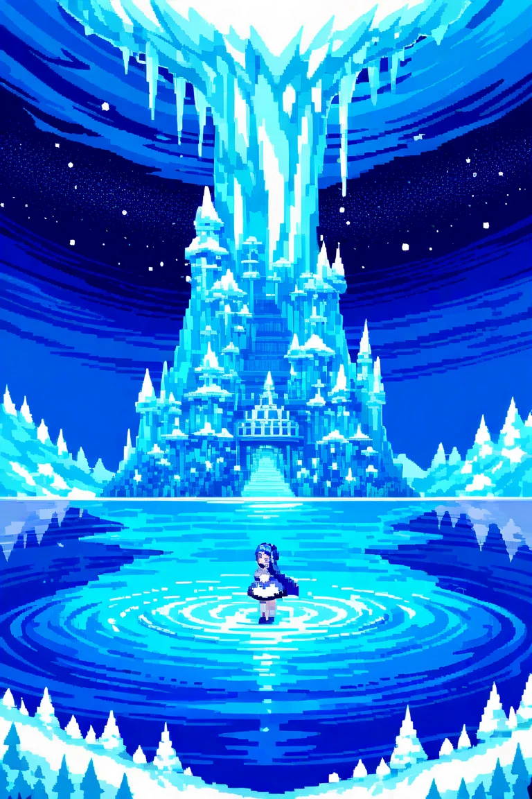 (Pixel art style:1.2),A pixel art depiction of an ice kingdom,featuring towering ice castles,shimmering icicles,and a snowy landscape.Include whimsical characters made of ice and snow,glowing blue and white hues,and a starry night sky filled with auroras.,pixel art,fantasy,magical atmosphere.The artwork,masutepiece,Pixel Perfect