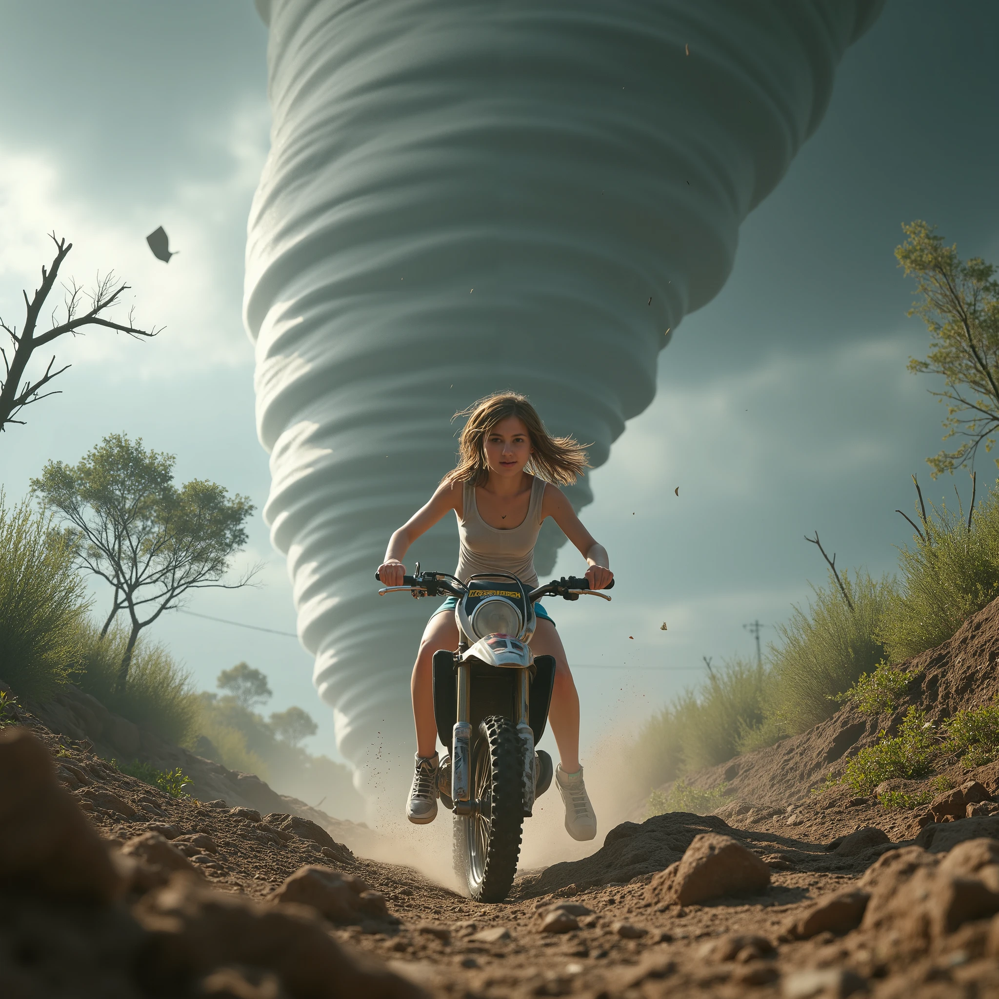  photo release , young girl with developing hair in shorts ,  t-shirt and sneakers rushes at us on a motorcycle ( motocross dirt bike ,and looks back , a huge terrifying wild mystical hurricane tornado is approaching her behind her, scary whirlwind funnel plucking trees raising rocks , A girl on a motocross bike at high speed tries to drive off cross-country sweat togrando that is stalking her, close angle  , art,  1 scary huge tornado , atmosphere of fear and horror , photorealism , maximum detail , maximally realistic tornadoRips and twists trees , close angle  на девушку на мотоцикле,