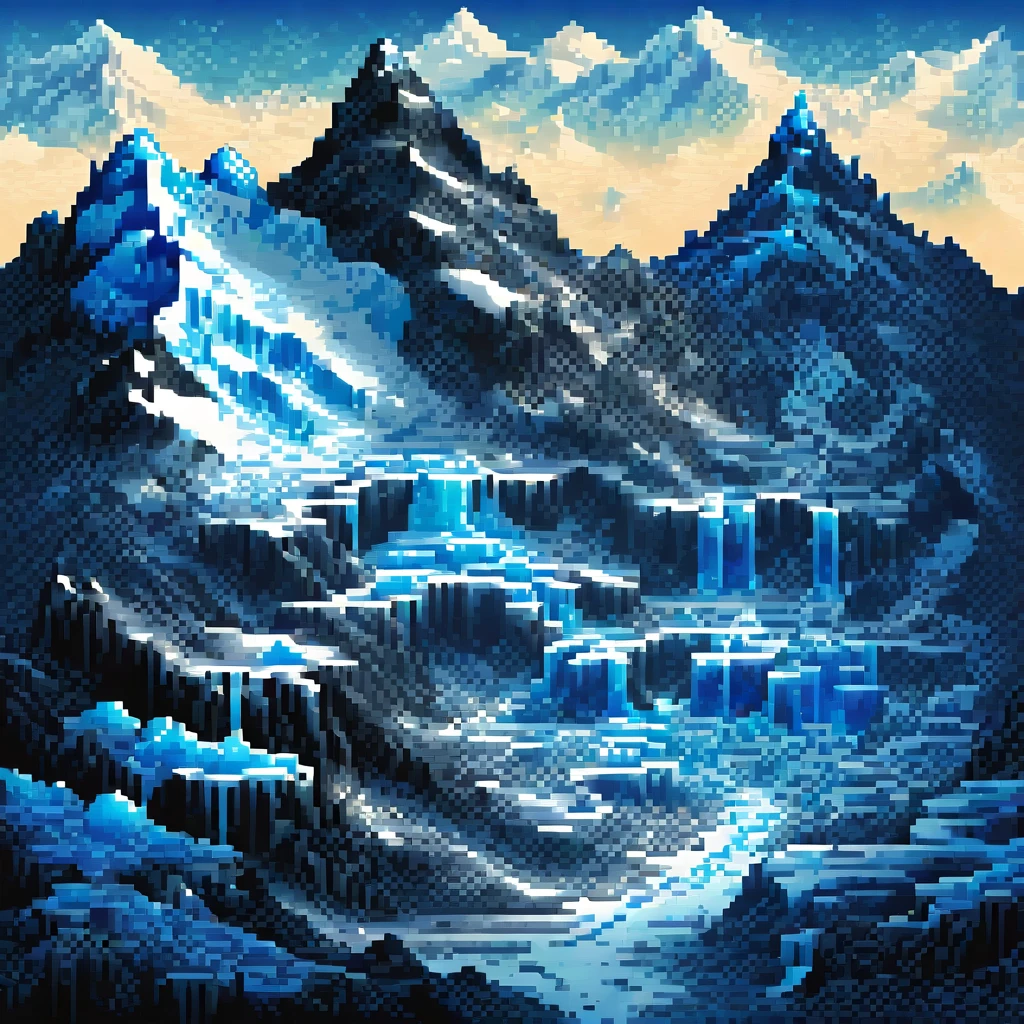 Black and metallic blue pixel art, gradients, and a kingdom of ice, bold and dynamic, contrasts of light and shadow, 2.5D, artistic images art, ultra detailed, absolutely resolution, masterpiece