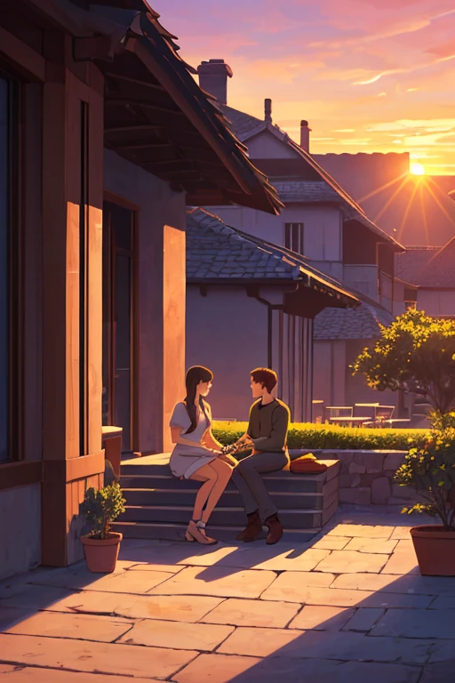 couple,  man playing the guitar, woman sitting listening to ,  Light smile, sunset, Beautiful environment,  High resolution,  tall details,  anatomy, live wallpaper, Color Ghibli, soft colors, minimalist 