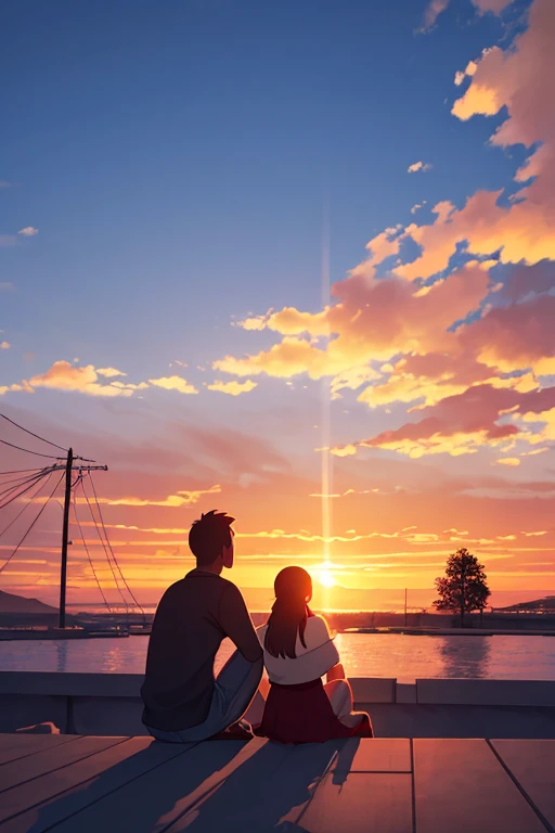 couple,  man playing the guitar, woman sitting listening to ,  Light smile, sunset, Beautiful environment,  High resolution,  tall details,  anatomy, live wallpaper, Color Ghibli, soft colors, minimalist 