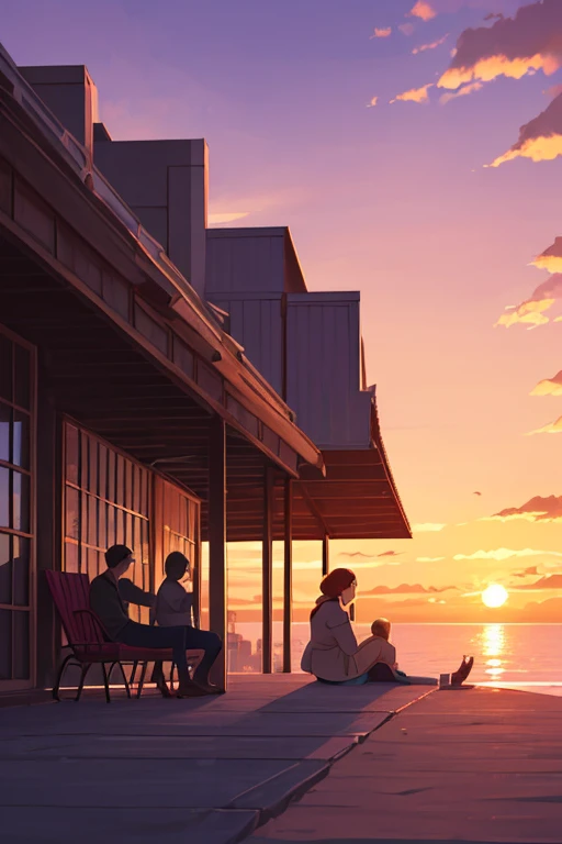 couple,  man playing the guitar, woman sitting listening to ,  Light smile, sunset, Beautiful environment,  High resolution,  tall details,  anatomy, live wallpaper, Color Ghibli, soft colors, minimalist 