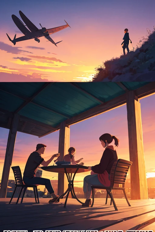 couple,  man playing the guitar, woman sitting listening to ,  Light smile, sunset, Beautiful environment,  High resolution,  tall details,  anatomy, live wallpaper, Color Ghibli, soft colors, minimalist 