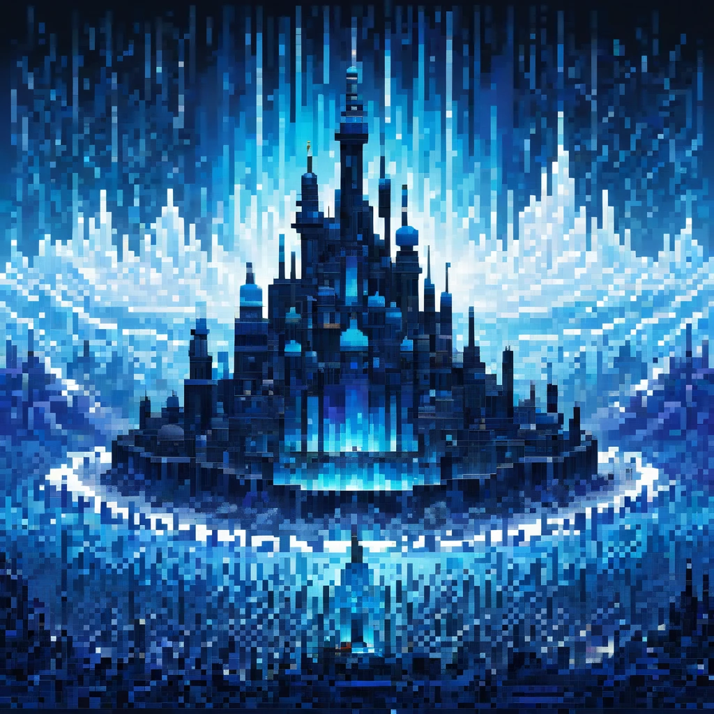 Black and metallic blue pixel art, gradients, and a kingdom of ice, bold and dynamic, contrasts of light and shadow, 2.5D, artistic images art, ultra detailed, absolutely resolution, masterpiece