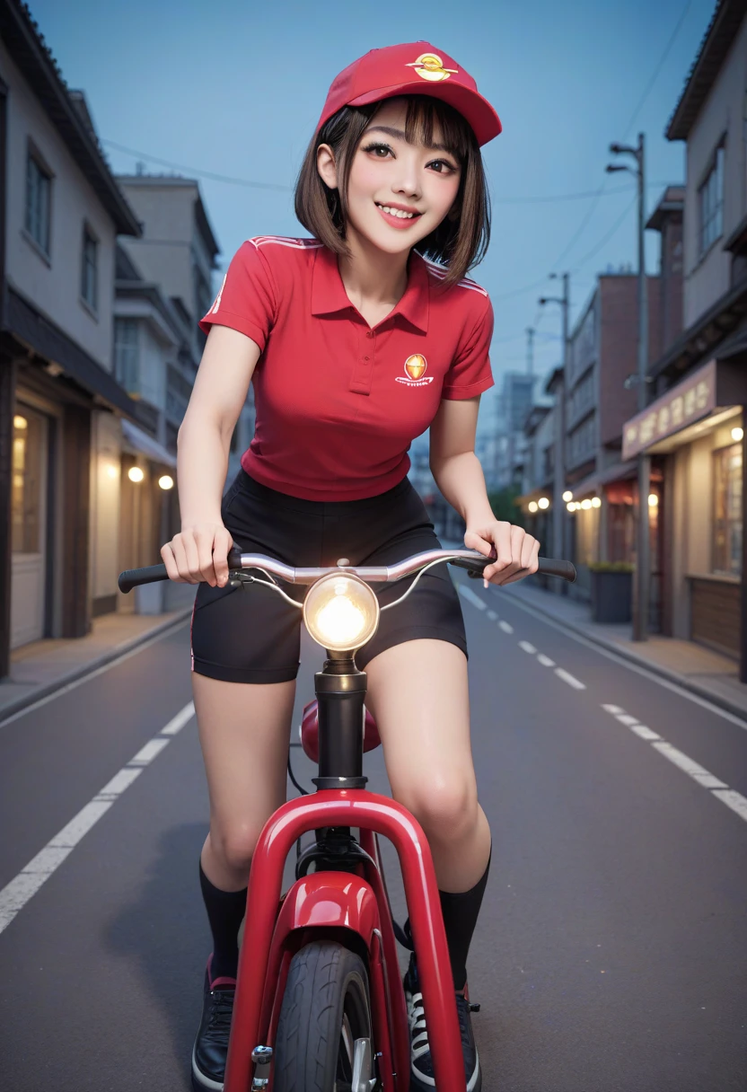  a young woman with light brown bob cut hair 、 wearing a red uniform and cap 、 riding a red delivery bike riding a red delivery bike 。 on the back of the bike 。 she has sharp eyes and a confident smile on the back of the bike {x} Pizza delivery box is fixed。 the cityscape is lined with cafes and small shops 、 riding warm lights and streetlights softly illuminating the city 。The sky changes from orange to purple 、 and a lively atmosphere at dusk 。

