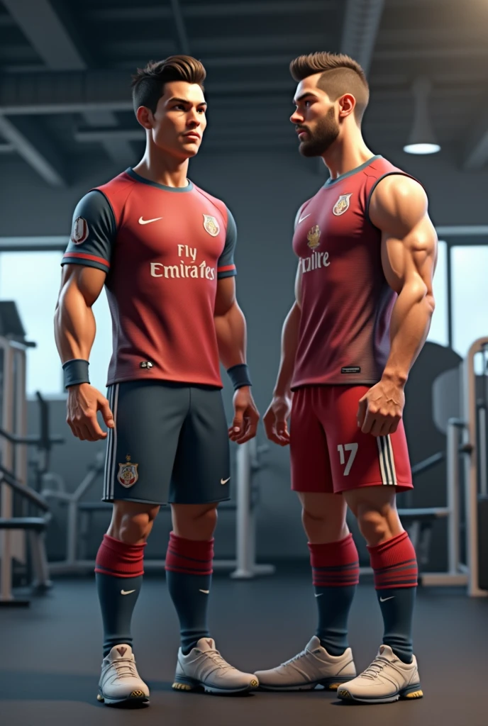 full view full body, 2 different handsome white european white young college boys with undercut clean haircuts, well-muscular, in shiny silky soccer jerseys, shorts, white high pulled up soccer socks, soccer cleats, embracing in college locker room