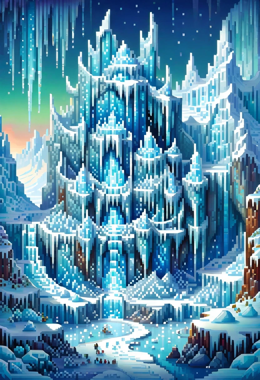 (Pixel art style:1.2),A pixel art depiction of an ice kingdom,featuring towering ice castles,shimmering icicles,and a snowy landscape.Include whimsical characters made of ice and snow,glowing blue and white hues,and a starry night sky filled with auroras.,pixel art,fantasy,magical atmosphere.The artwork,masutepiece,Pixel Perfect