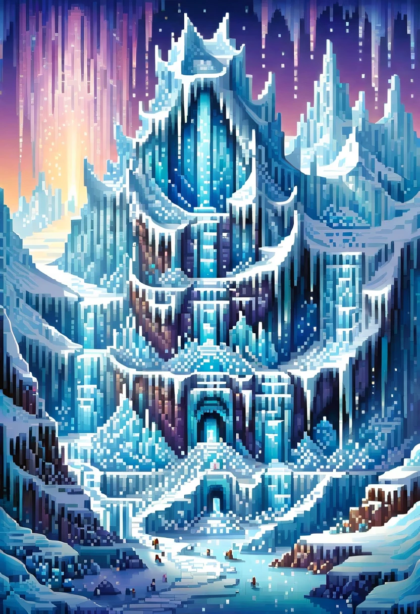 (Pixel art style:1.2),A pixel art depiction of an ice kingdom,featuring towering ice castles,shimmering icicles,and a snowy landscape.Include whimsical characters made of ice and snow,glowing blue and white hues,and a starry night sky filled with auroras.,pixel art,fantasy,magical atmosphere.The artwork,masutepiece,Pixel Perfect