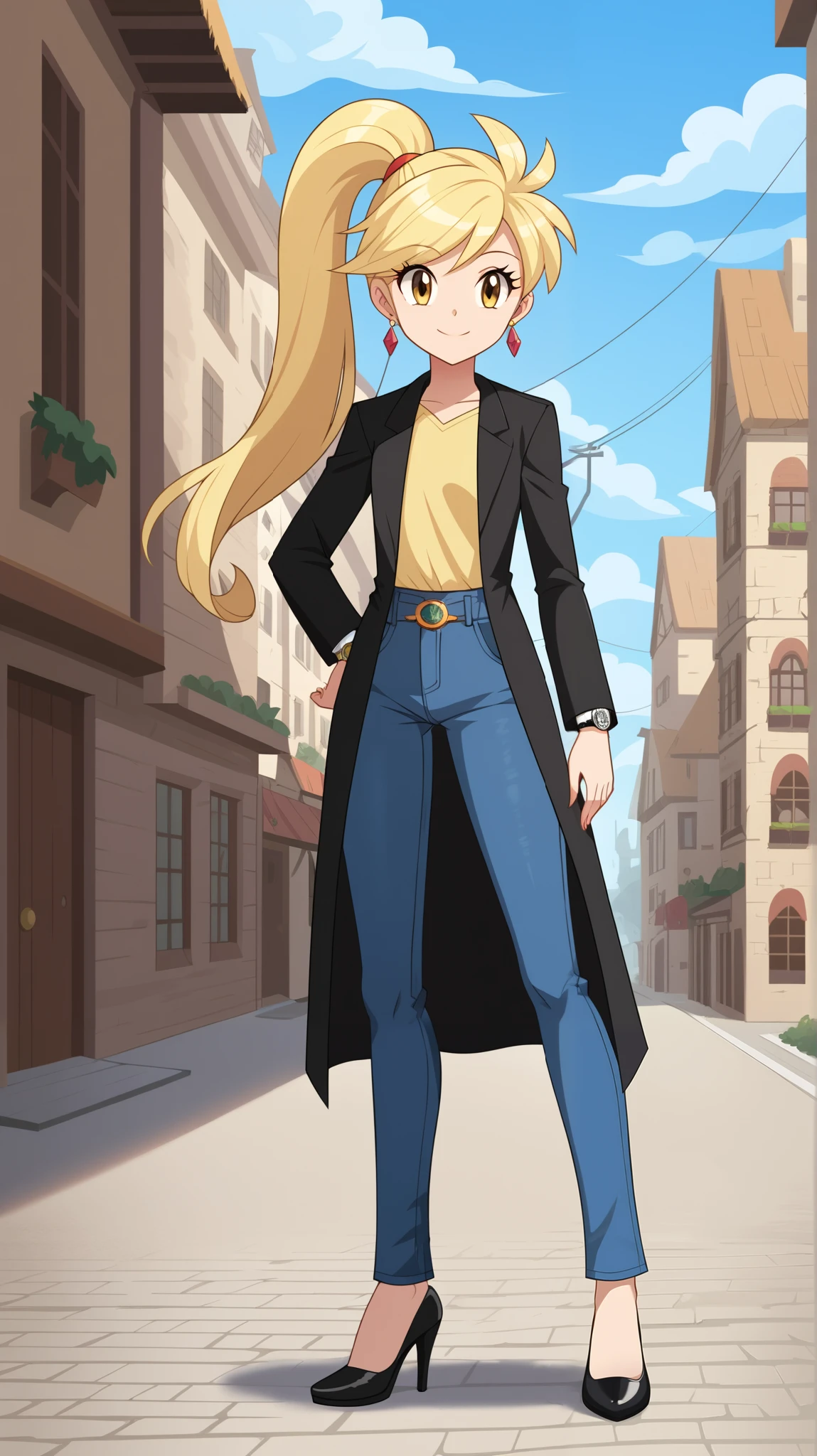 Blonde,  yellow eyes,  ponytail , 1 Female, Age 16,  standing, whole body,  slim figure,  provocative smile , Black suit, Black jeans,  Tall,  black high heels, yellow earrings , Pistol,  score_9,  score_8_Excellent,  score_7_Excellent,  score_6_Excellent,  best quality,  source_Anime,  cell shading ,  Flat Color , vector,  detailed background, town, Daytime, building,  break 1 girl , Alone, (\ Pokemon\), Outdoor,  watch viewers,