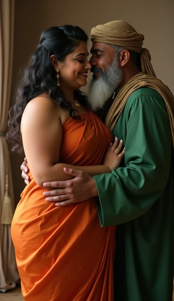 An intimate and disturbing scene of the most beautiful Indian Hindu goddess Durga being forcefully kissed by a 70-80 year old grumpy, lusty, nasty, and ugly Muslim mullah. Devi Durga, who appears to be around 30-32 years old, has the whitest warm milk-colored skin and a stunningly pretty face, accentuated by traditional Indian ornaments. Her voluptuous figure resembles that of a MILF, with huge, heavy breasts full of milk and juices, as well as succulent, milky thighs, armpits, and a vagina. The elderly mullah, completely unfazed by his advanced age and repulsive appearance, passionately kisses Devi Durga against her will, savagely sucking on her lips and tasting her sweet nectar. His rough hands squeeze her massive, heavy buttocks as he forces her body closer to his.