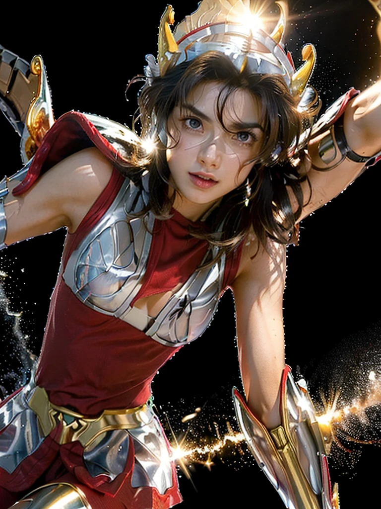 masterpiece, best quality, ultra high res, realistic skin texture,silver armor, armature, (photorealistic:1.4), high resolution, raw photo, 1 girl, shiny skin, (detail skin:1.2), realistic skin texture, best lighting, wearing red panty, (perfect breast:1.3), sparkle, mecha armor, (short hair:1.2), (Pegasus Seiya:1.2), wearing a winged helmet, dramatic lighting, dynamic pose, (greek temple background:1.3), night sky, cosmos, milky way,