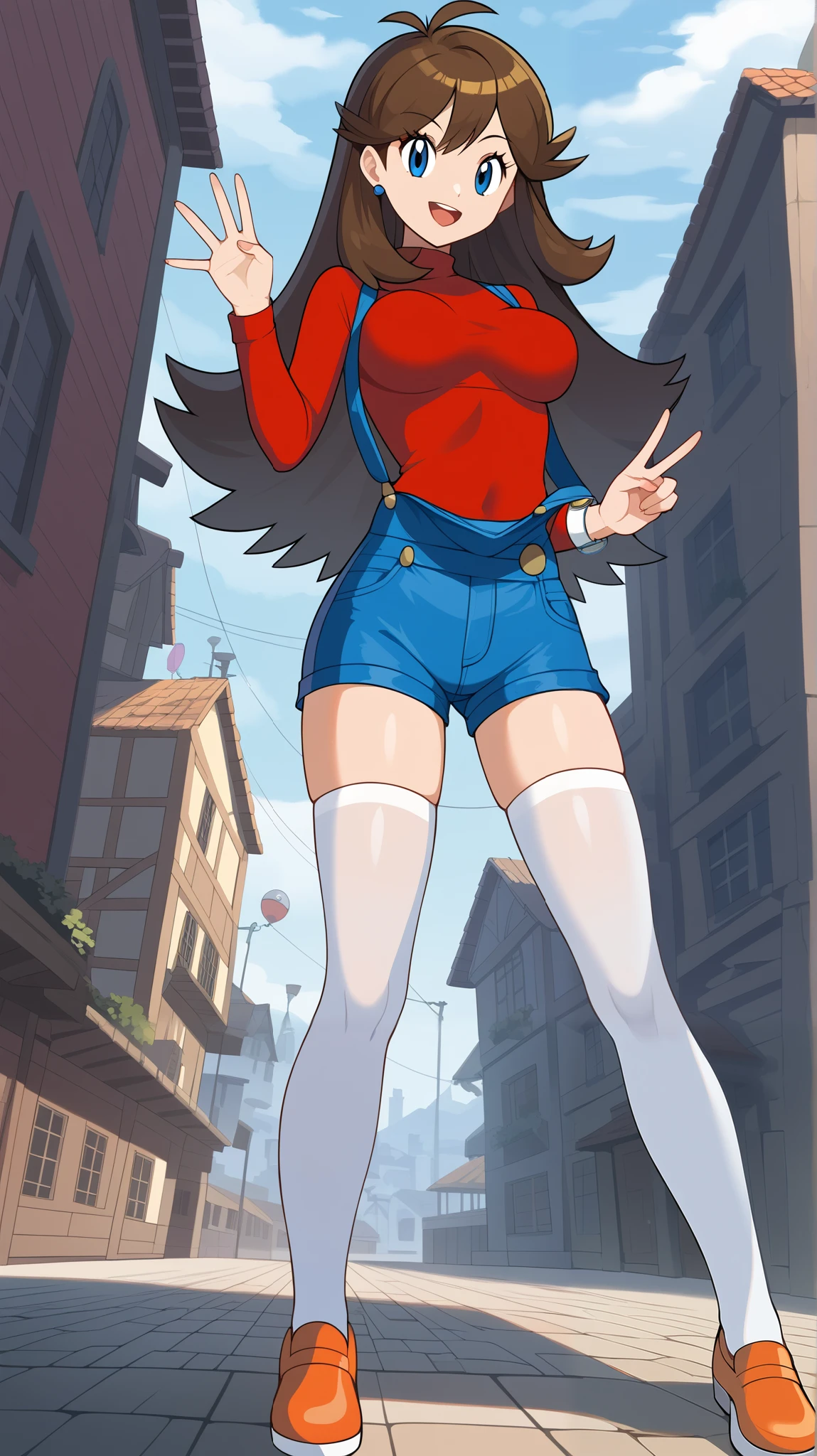 bare hands, no gloves ,Orange brown hair, long hair, blue eyes, red long sleeve shirt , blue shorts overalls, white knee-high stockings reflective on glass floors, absolute domain, Ample breasts, Tall, watch viewers, 1 Female, Age 18, standing, Three idiot hairs , whole body, put one hand on the lower back , slim figure, provocative smile , Orange shoes, with bangs, score_9, score_8_Excellent, score_7_Excellent, score_6_Excellent, best quality, source_Anime, cell shading , Flat Color , vector, detailed background, town, building, break 1 girl , Alone, (\ Pokemon\), Outdoor,