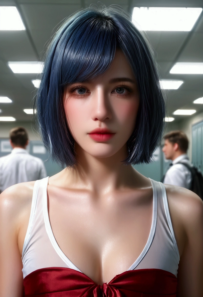 ultra-detailed,highly detailed,best quality,masterpiece,illustration, 
The image features an anime-style character with short blue hair The character is wearing a white sports shirt with red accents and a matching red skirt. The setting appears to be a locker room or a sports equipment room, as there are clothes and uniforms hanging in the background. The character's pose, with hands on hips and a slightly tilted head, suggests confidence or curiosity. The lighting is soft, casting gentle shadows and giving the scene a somewhat realistic touch despite its animated nature.