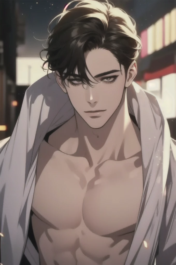 Close up portrait of a person in underwear with a shirt, けもの, muscular!!, (SFW) safe for work, fluffy chest, muscular! Fantasy, Yaoi, cottagecore!! fitness body, koyoharu gotouge, handsome japanese demon boy, Handsome Anime Pose, fantrome, male art, homoerotic!!