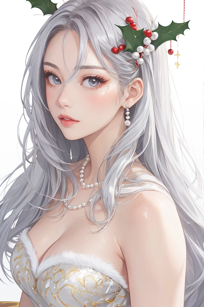  1 beautiful girl with raised cheeks 、Big round eyes、 realistic 、lips、 table top in front of you、 best quality、 skin texture、 white background 、 beautiful fantasy 、 dress with fur 、Delicate softness 、beautiful pearl 、Decoration、 glitter、Grey Hair、 long hair、Respect、Optics、About、 includes Christmas colors、 white tone