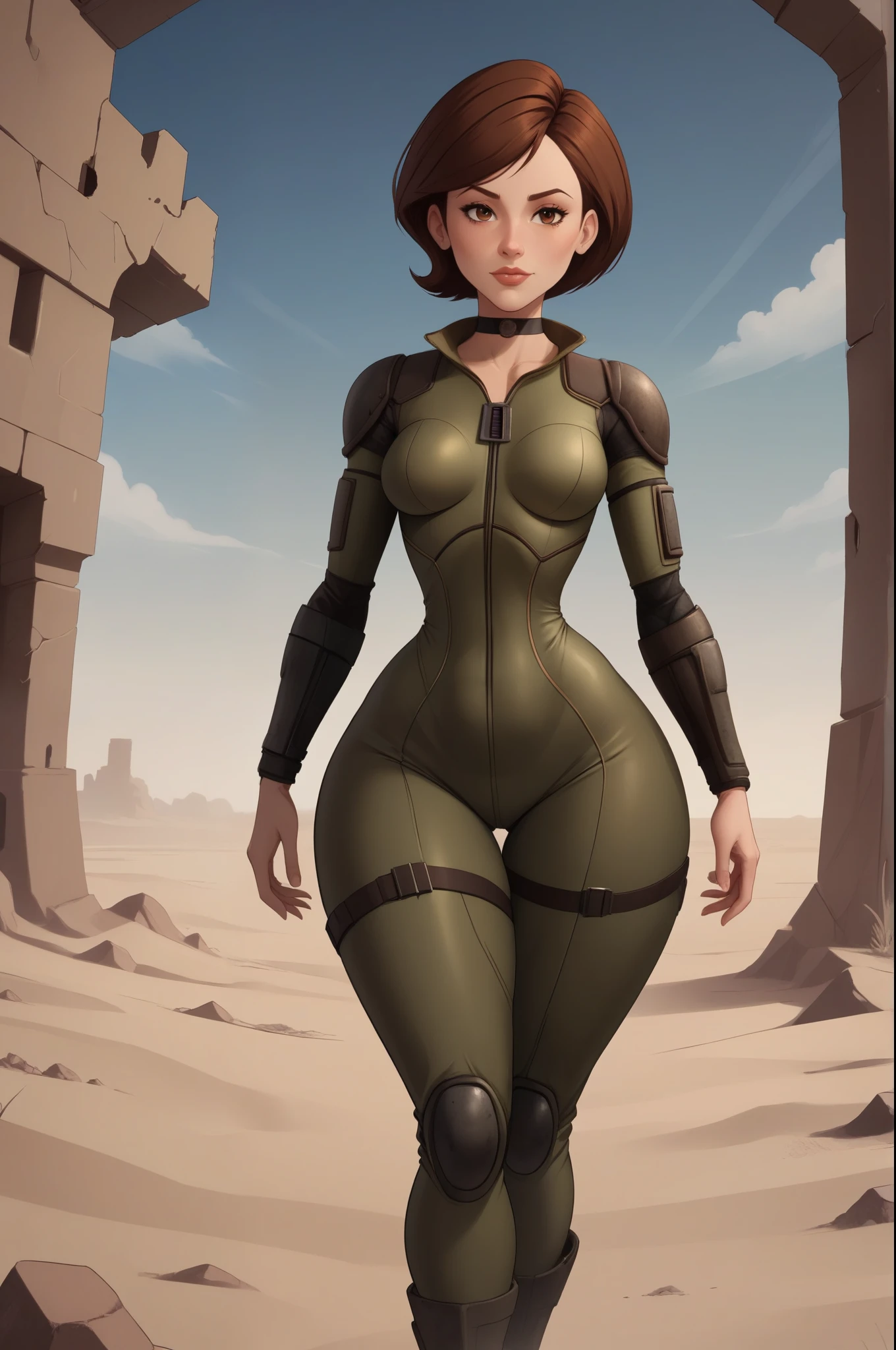 Helen Parr. choker. small waist. small saggy breasts. huge hips. brown hair. brown eyes. fallout suit. desert. ruins. 