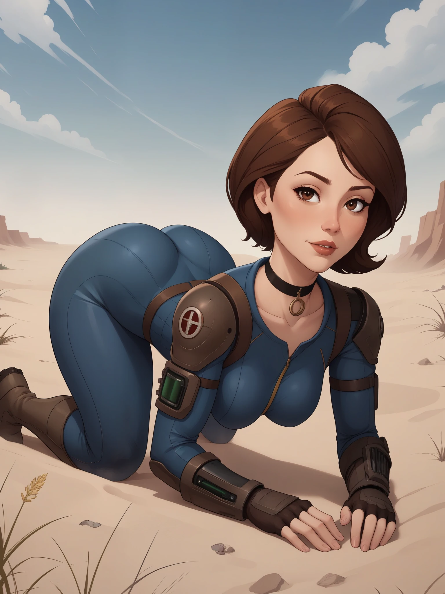 Helen Parr. choker. small waist. small saggy breasts. huge hips. brown hair. brown eyes. fallout suit. desert. ruins. face down ass up