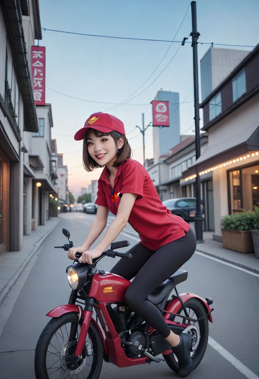  a young woman with light brown bob cut hair 、 wearing a red uniform and cap 、 riding a red delivery bike riding a red delivery bike 。 on the back of the bike 。 she has sharp eyes and a confident smile on the back of the bike {x} Pizza delivery box is fixed。 the cityscape is lined with cafes and small shops 、 riding warm lights and streetlights softly illuminating the city 。The sky changes from orange to purple 、 and a lively atmosphere at dusk 。

