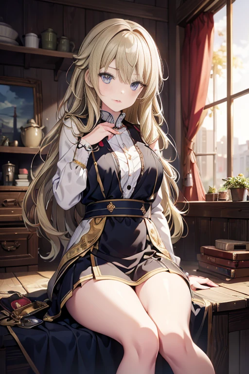 Ereshkigal, two side up, hair ribbon, EreshkigalTraveling, hat, bow choker, blue jacket, pencil skirt, black pantyhose,<lora:CHAR-EreshkigalV2:0.8>, Sitting on bed, leaning back, one knee lifted, <lora:blackgold-000008:0.8>, Soft Natural Light