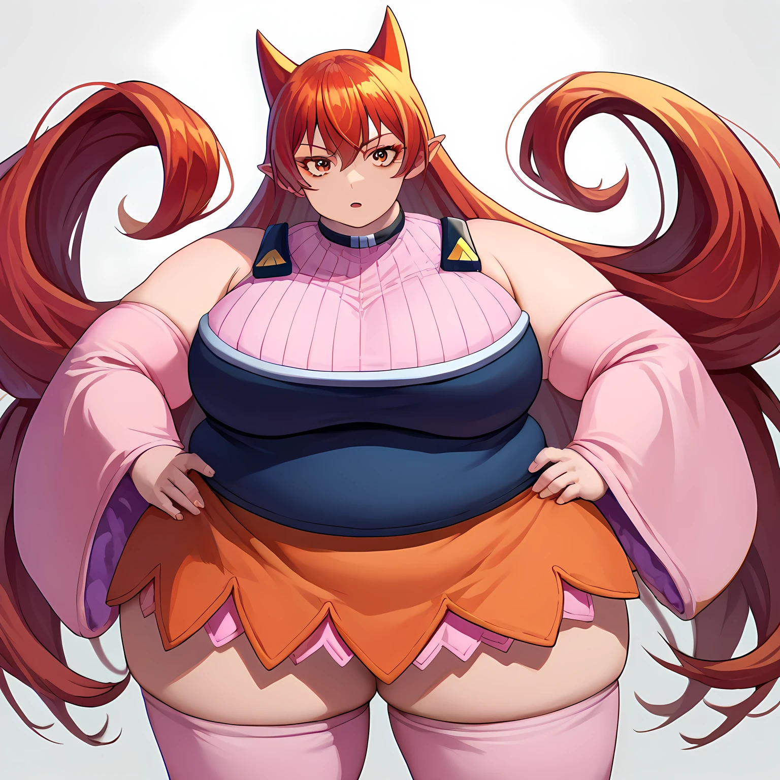 score_9, score_8_up, score_7_up, source_anime, solo, 1girl, azazel ameri, expressionless, looking at viewer, hand on hip, hair horns, sleeveless shirt, detached sleeves, skirt, thighhighs  fat, chubby, obese, gigantic arms and legs, large breasts open mouth, out of breath