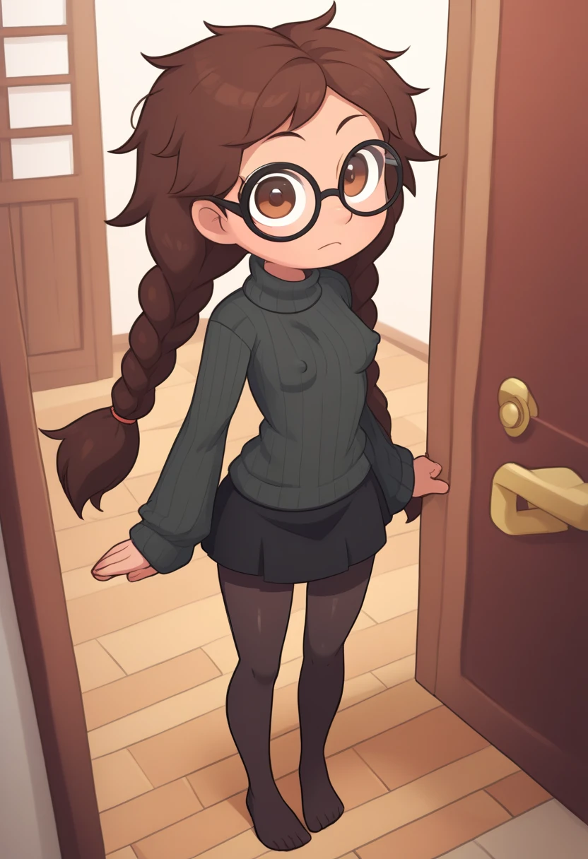 Small girl, young, full body, (solo 0.6), dark brown hair, braids, twintails, messy braids, puffy hair, messy hair, very long hair, brown eyes, skinny body, slender body, thin waist, small breasts, indoors, (solid black sweater 0.9), black sweater, solid black skirt,  black clothing, medium length skirt, knee length skirt, black pantyhose, glasses, opening door, suspicious face, pov, looking up at you, big eyes, hard erect nipples, cute, ( pixar style 0.5)