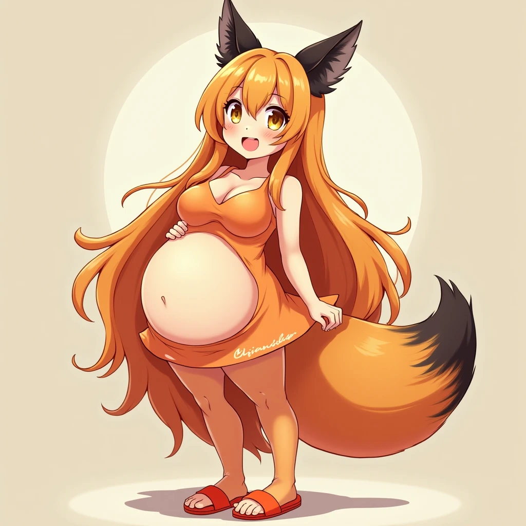 Girl, fox ears, fox tail, red fur, long hair, wavy hair, red hair, comfortable clothes, soft clothes, pastel colours, tall, lounging, tan skin, woman, very pregnant, huge baby bump, looking at baby bump, hands on baby bump, cozy, labour, childbirth, pained expression, leaning against table, contraction, birth